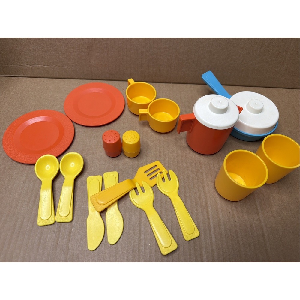 Fisher-Price Vintage Toy Dish Set Plates Cups Pots Utensils Cookware Salt/pepper